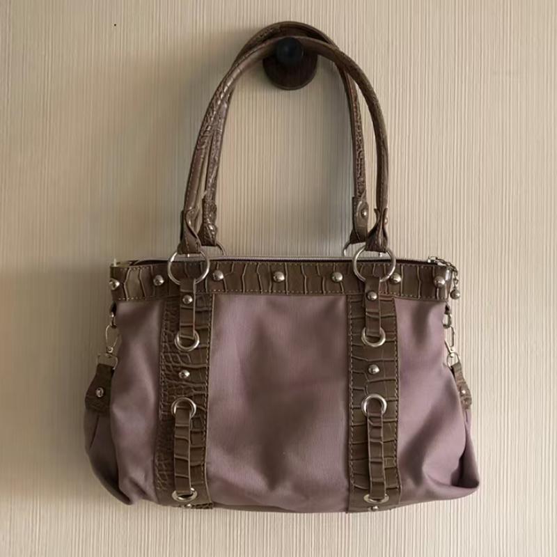 

Y2k Style Denim Canvas Tote Bag Women Rivet Ring Decor Shoulder Bag Large Capacity Handbag Crocodile Pattern Design Commute Bag