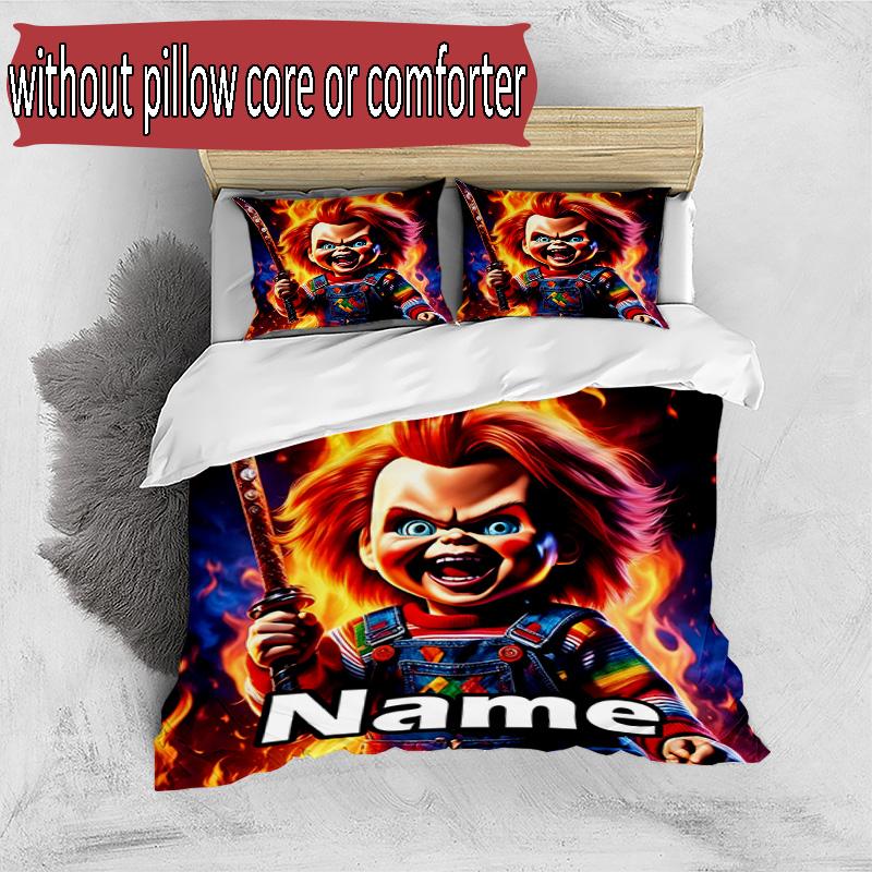 Set cuvertură de pilota 3 buc (1 * Husă de pilota + 2 * Față de pernă, Fără Miez), Set de așternut personalizat cu nume și model Bride of Chucky, Cadou Decor Dormitor Acasă