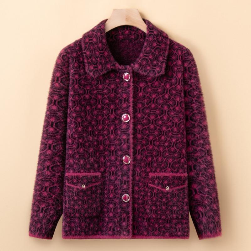Medium Mother Imitation Mink Hair Knitted Jacket Middle-aged and Elderly Women's Clothing Thickened Large-size Sweater Jacket Old Lady Clothes