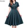 Women Casual Turn Down Collar Summer Short Sleeve Dress