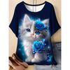 Blue Rose White Cat Printed T-shirt for Women