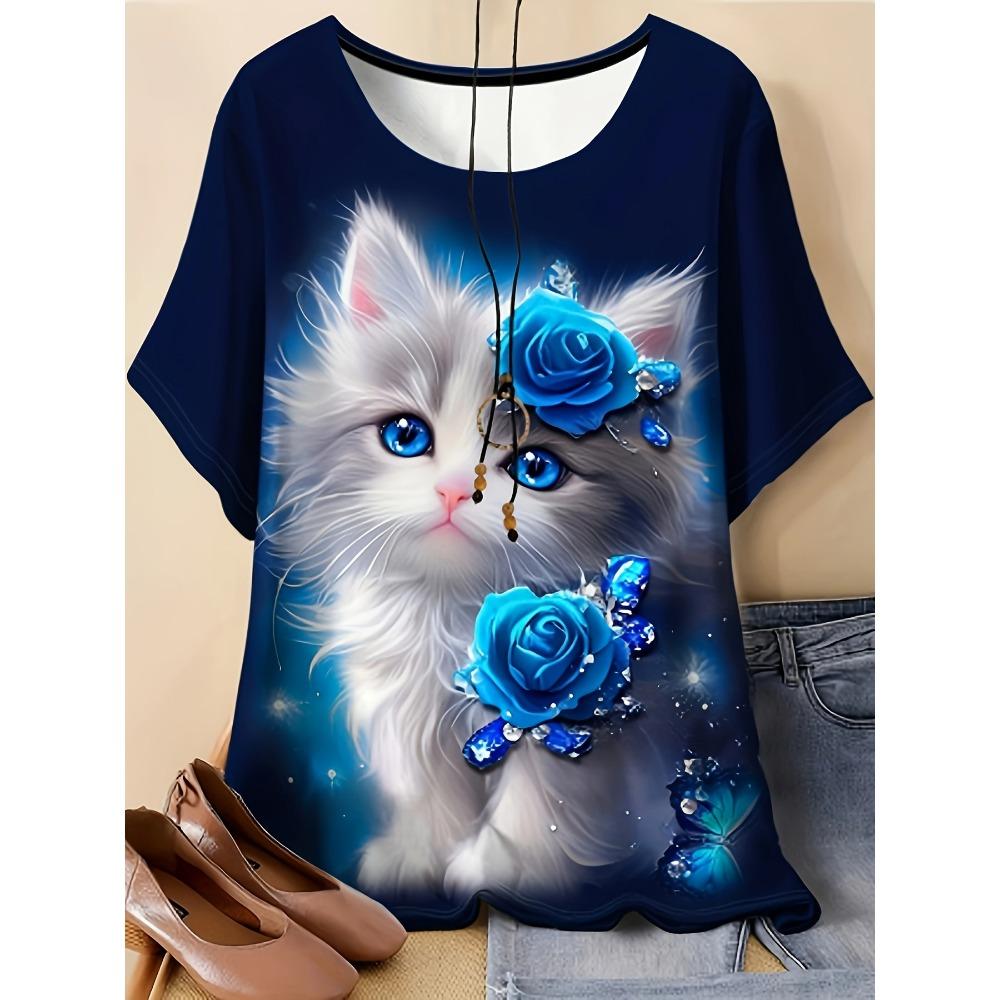Blue Rose White Cat Printed T-shirt for Women