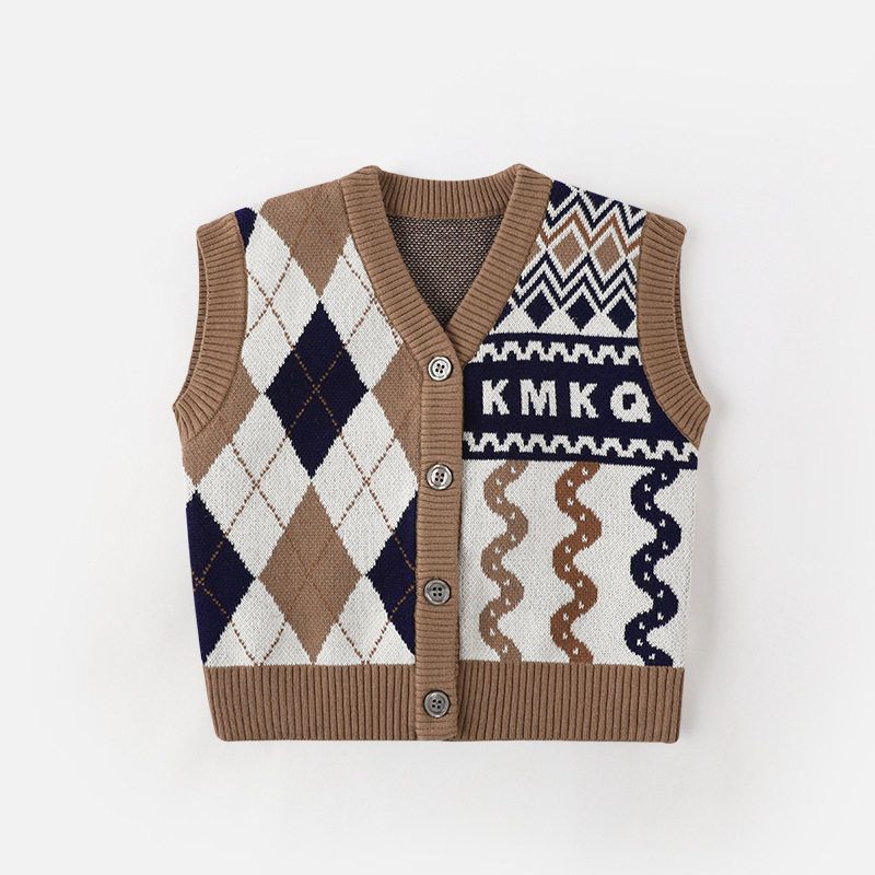 Boys  Cardigan V Neck Vest Pure Cotton Baby Boy s Diamond Double-Layer Knitted Vest Spring and Autum Kidsren s Sleeveless Sweater Khaki 90 cm