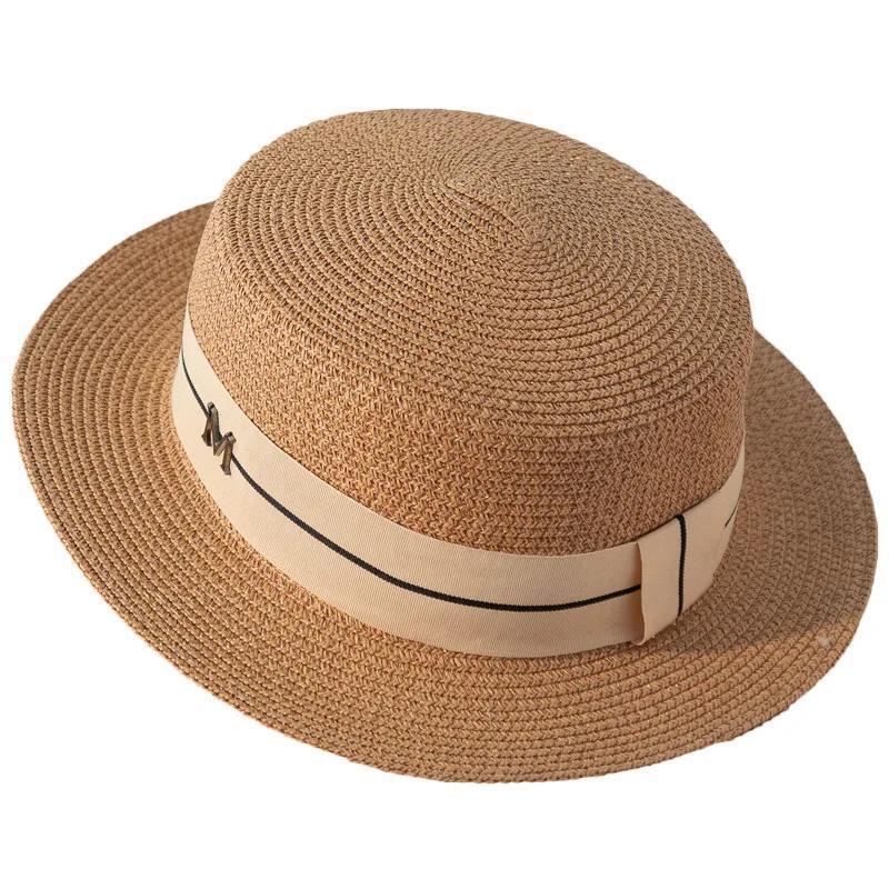 Neue Buchstaben Bestickte Damen Strohhüte Panama Breitkrempiger Jazzhut Sommerhut Damen Sonnenhut Schlichter Flachkopfhut