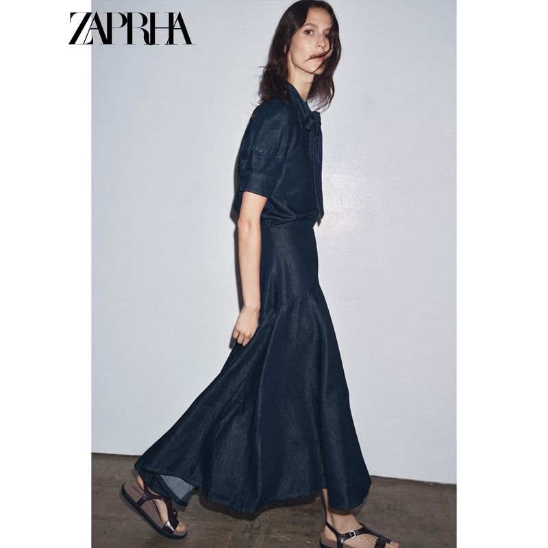 Zaprha 2025 Autumn New Bowknot Decoration Puff sleeve round Neck Short sleeve Demin shirt Top 5216249