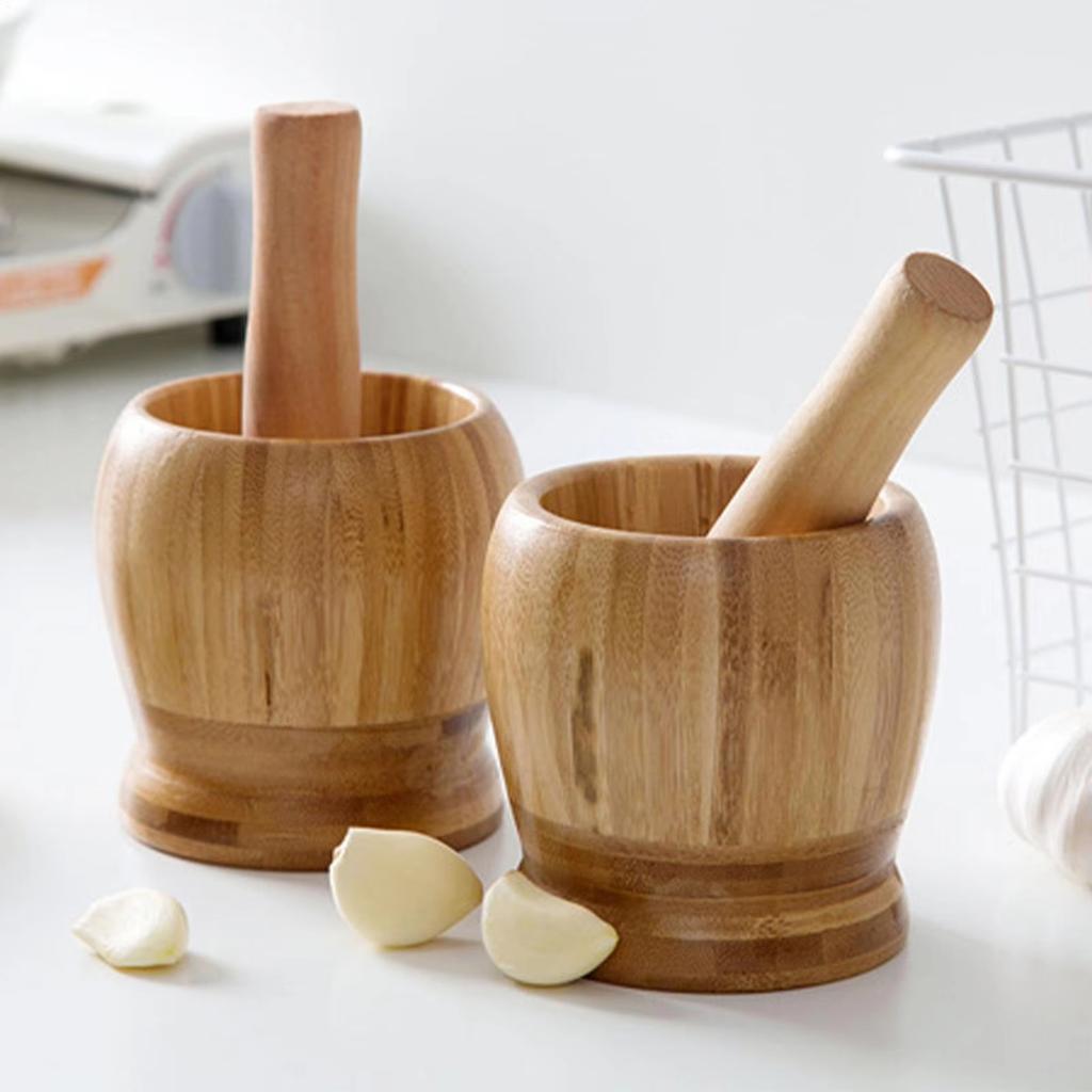 Garlic Mortar and Pestle Set Manual Wooden Grinder for Home Kitchen