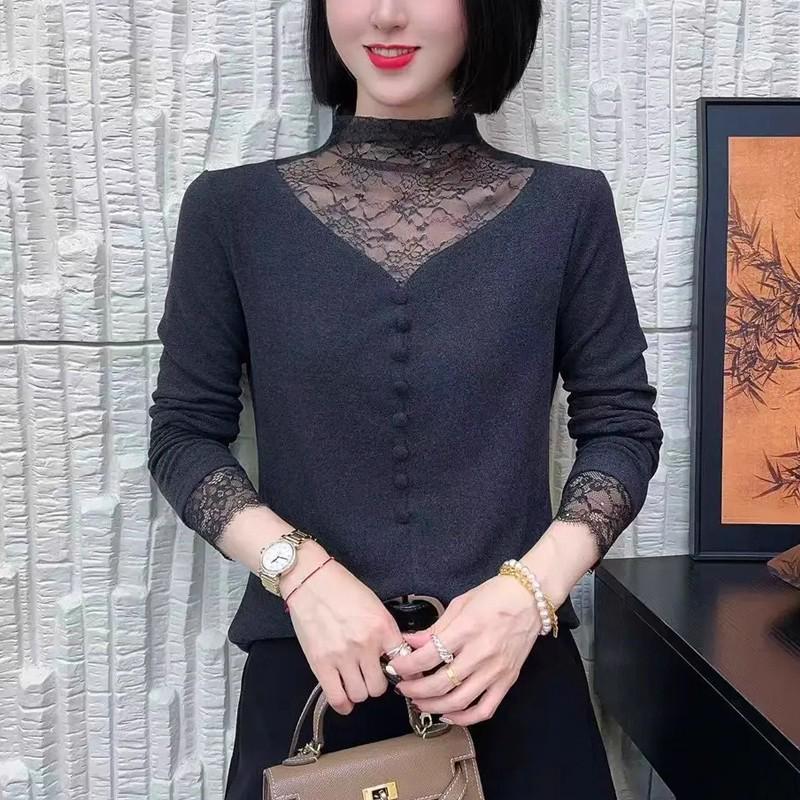 Elegant Lace Mesh High Neck Long Sleeve Tummy-Control Top for Women