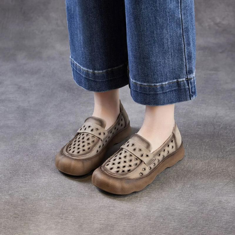 Johnature Soft Soled Slip-on Genuine Leather Loafers Comfortable Hollow-out Breathable Women's Flat Shoes