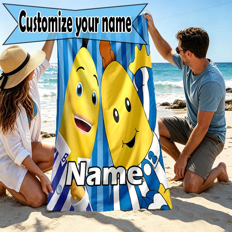 Custom Name Personalized Bananas in Pyjamas Print Beach Towel, for Trip Camping Beach Party Home Decor, Birthday Gift for Family & Friends