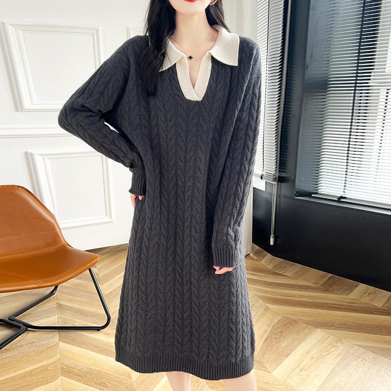 Women's Long Sleeve Knee-Length Cable Knit Polo Dress - Autumn 2024 Collection.