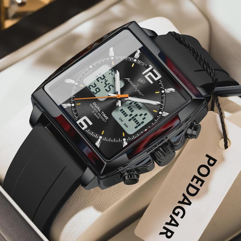 POEDAGAR Luxury Man Watch Electronic Square LED Alarm Chronograph Men's Watches Week Date Dual Time Display Men Quartz Clock