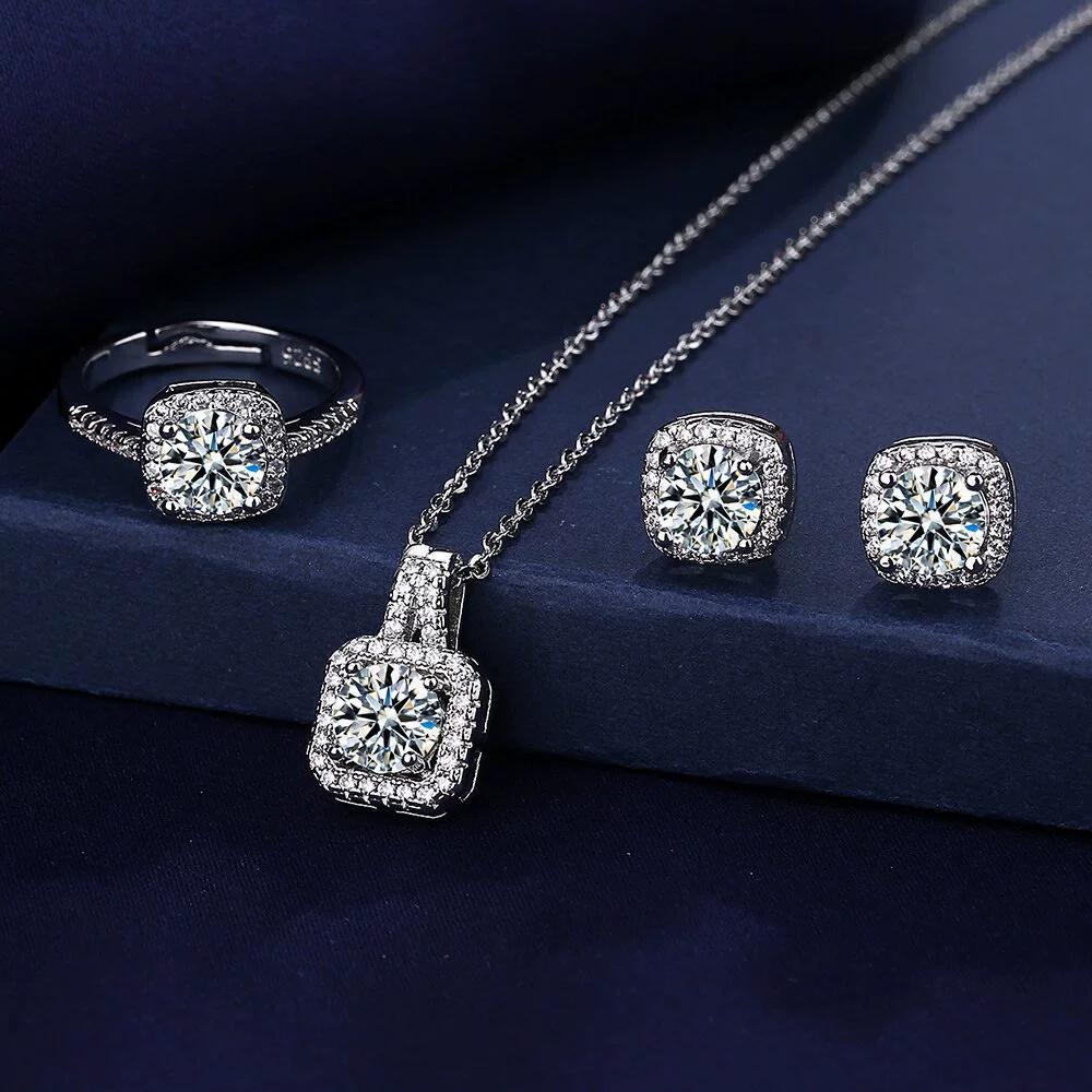 4Pcs/set Fashion Square Zircon Necklace Earrings Ring For Women Luxury Wedding Engagement Jewelry Shining Party Jewelry Gifts