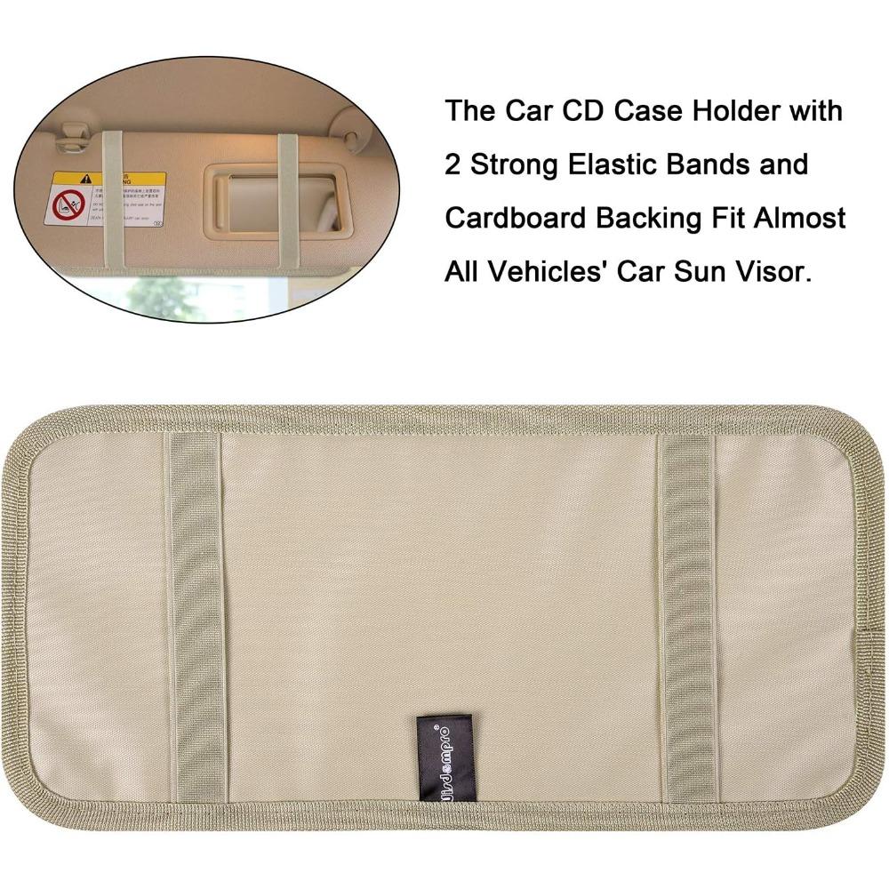 Car CD Case Holder, Vehicle Sun Visor Organizer for Cars with 12 DVD Storage Sleeves, 1 Mesh Pocket, 1 Pen Holder and Elastic Strap, Khaki