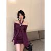 Pure Desire Sexy One-word Shoulder Neck Long-sleeved Dress Women's Autumn New Slim and Thin Pleated Hip-wrapped Short Skirt