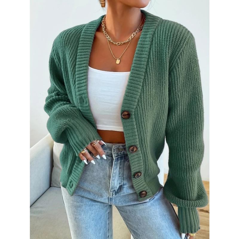 Women S Long Sleeve V Neck Knit Cardigan Solid Color Loose Casual Outerwear