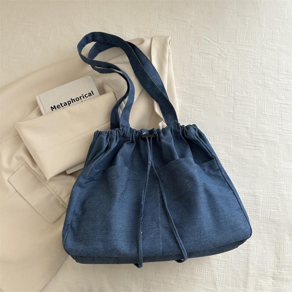 Casual Denim Tote Bag Large Capacity Canvas Bucket Bag Oxford Drawstring Shoulder Bag  Travel