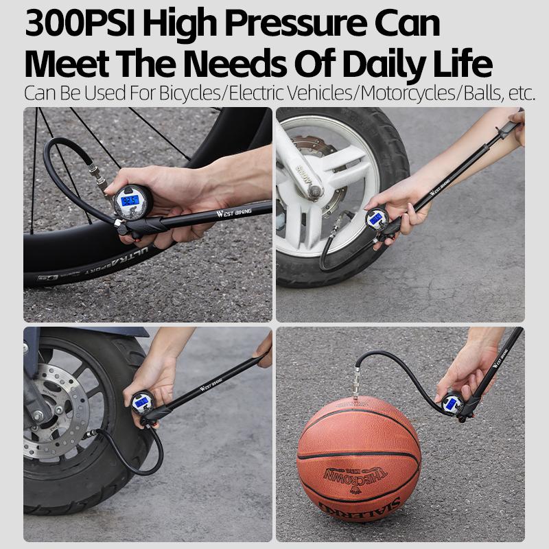 WEST BIKING 300PSI Bicycle Pump LCD Digital Diaplay Air Pressure Gauge Bike Pump Portable Tire Infalator MTB Cycling Equipment