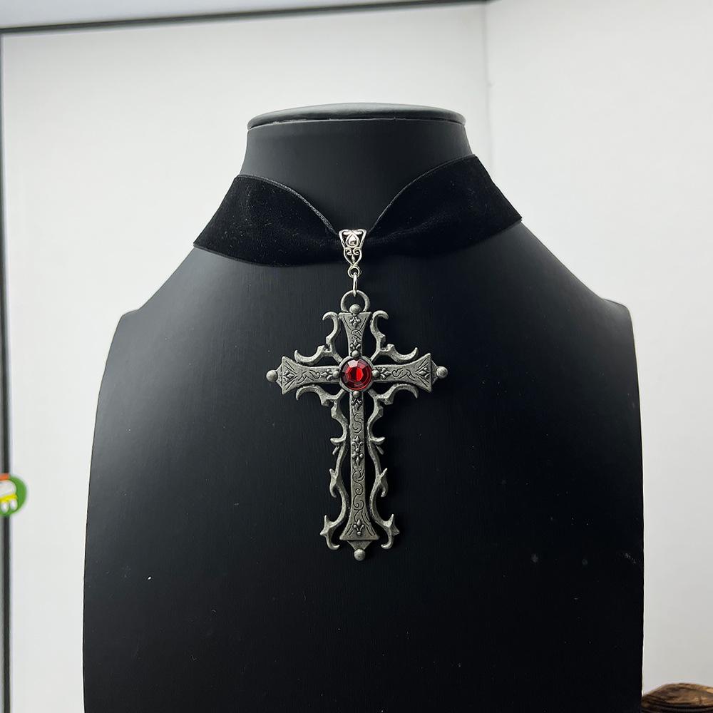 Gothic Velvet Choker with Retro Cross Pendant