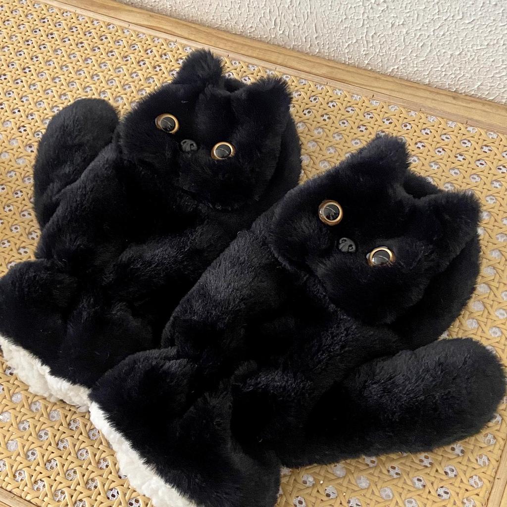 Schwarze Winterhandschuhe aus Plüsch mit Katzenmotiv: Dick, Winddicht, Niedlich, Doppellagig für Studenten, Nackenband-Design