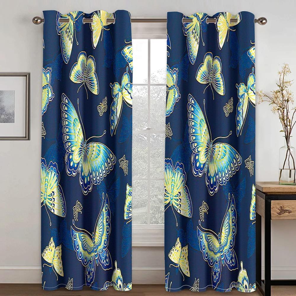 Modern Colorful Design Blue Butterfly Flower 2 Pieces Thin Shading Window Drape Curtains for Living Room Bedroom Home Decor Hook