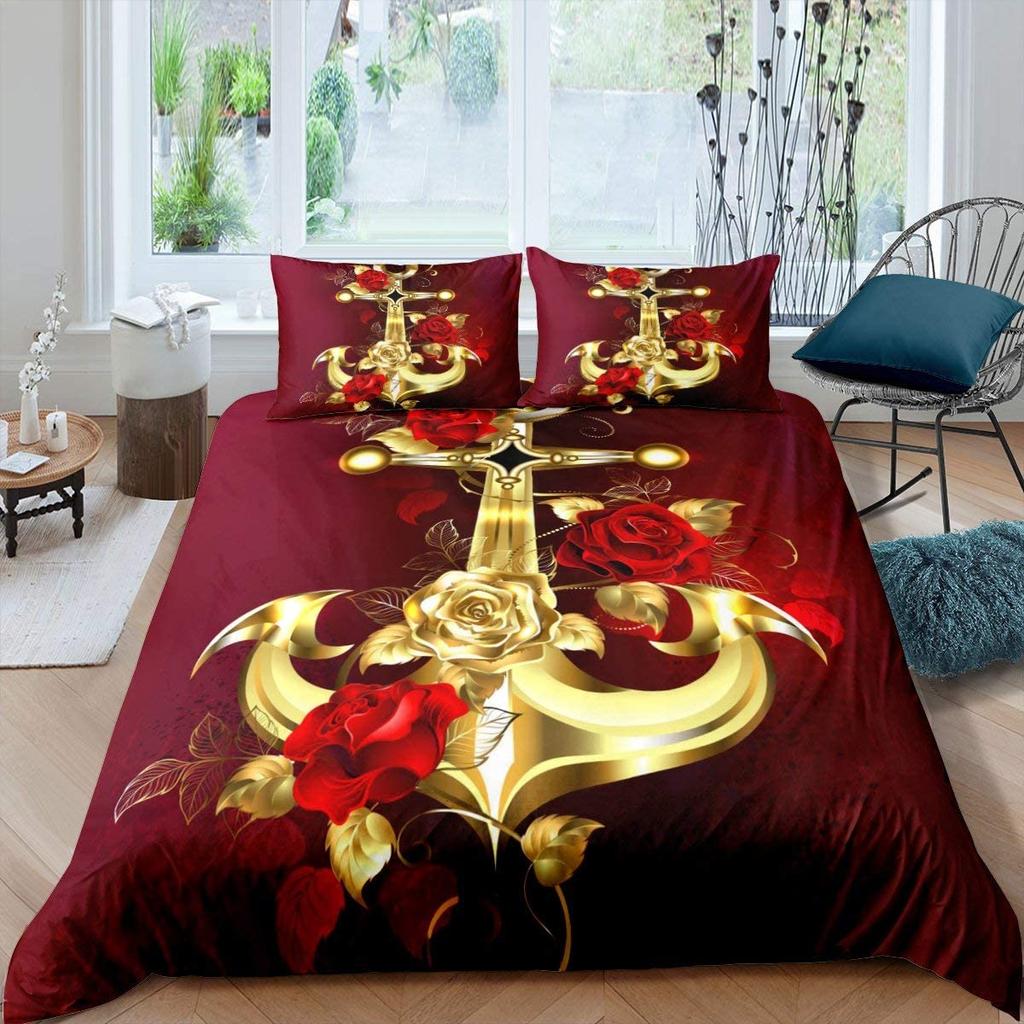 Ocean Beach Schiffsanker Bettbezug Set Nautisch Polyester Bettdeckenbezug für Männer Frauen Sonnenuntergang Blauer Himmel Weiße Wolken King Size