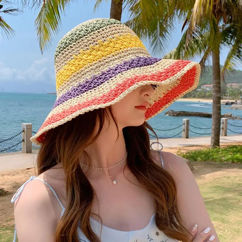 Rainbow Straw Hat Woman Summer Sun Visor Handmade Crochet Big Brim Bucket Hat Ladies Beach Sun Cap Boho Lady Girls Fashion Caps