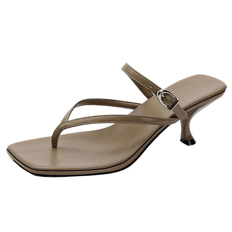 2025 New Summer French High Heels Stiletto Fashion Square Head Pinch Sandals Kitten and Flip-flops Cool Slippers