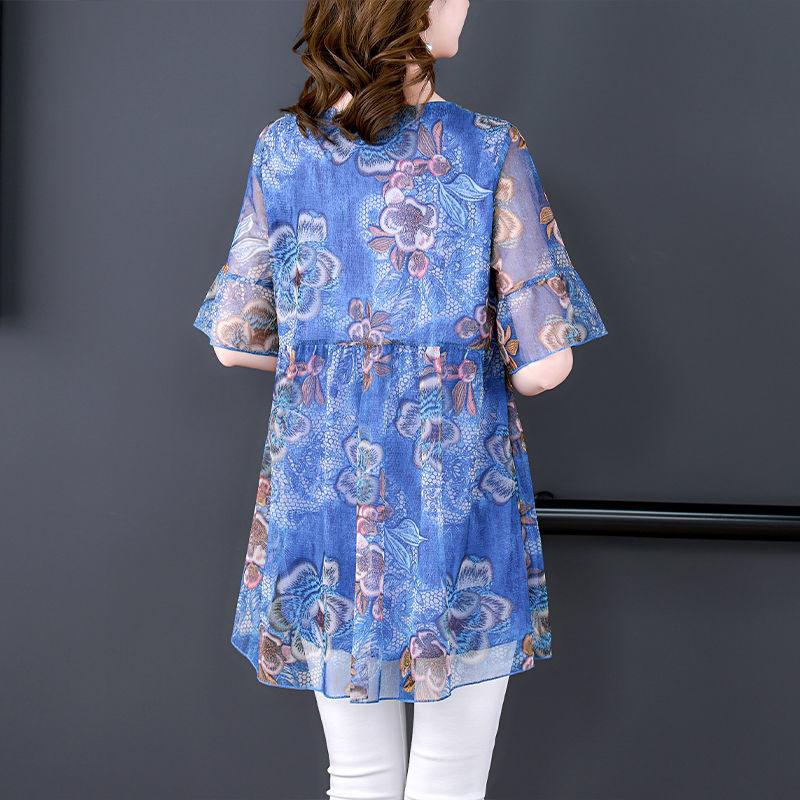 Women's Plus Size Blouse Summer Stretch Print Mesh Blouse Oversized Shirt Short Sleeved Loose  Blouse Top