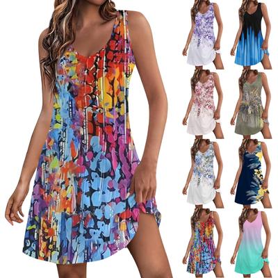 Women's Casual Sundress With Pockets Summer Boho Beach Dress Floral Blouses For Women T-Shirts Dress V Neck Loose Tank Dresses