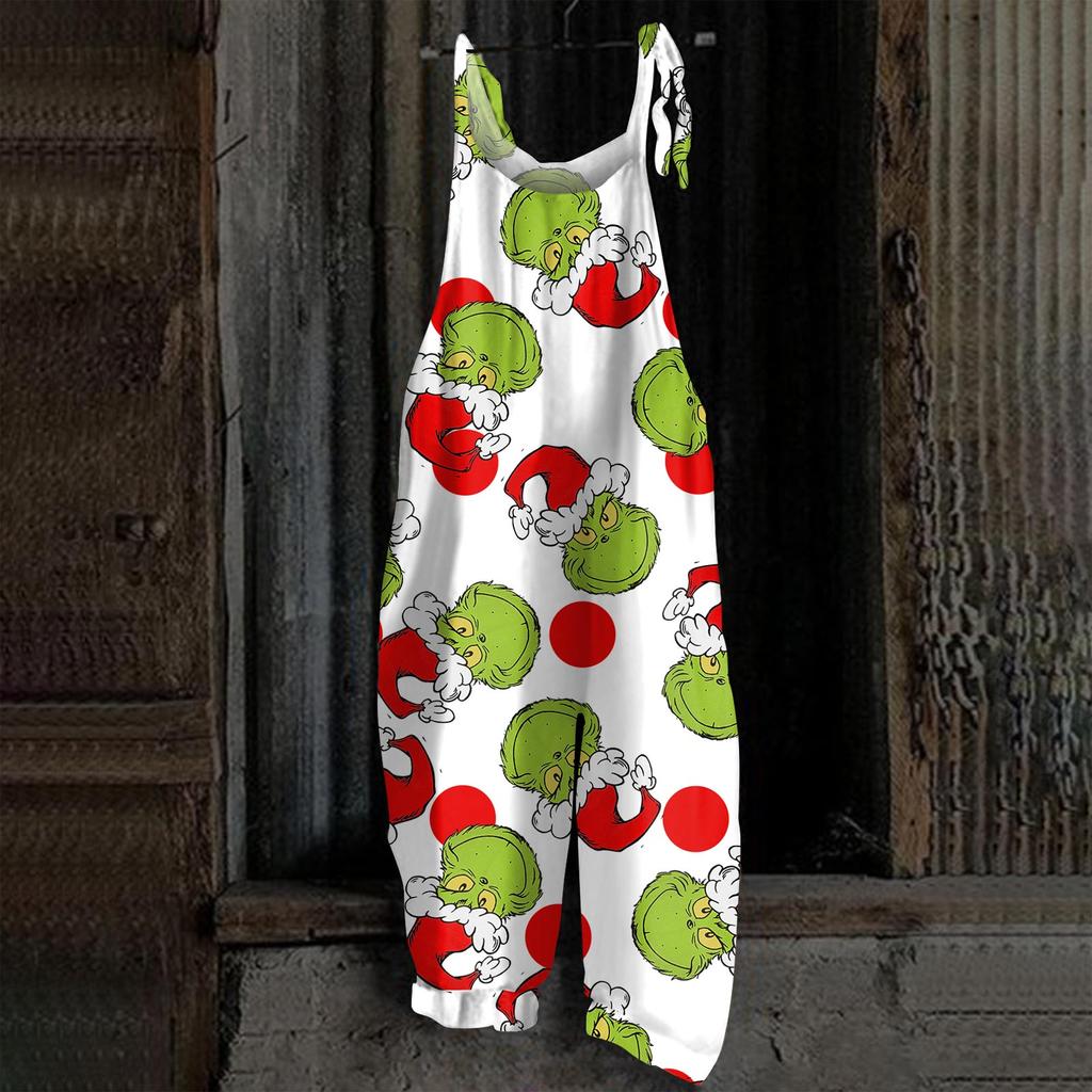 Damski kombinezon z nadrukiem Halloweenowym, casualowy, luźny, vintage, na ramiączkach, bawełniano-lniany