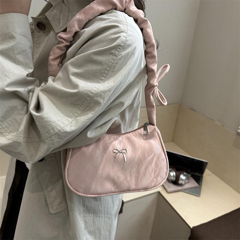 Lightweight Bow Square Shoulder Bags for Women Korean Style Ladies Underarm Bag Simple Female Pleated Drawstring Handbags Purse