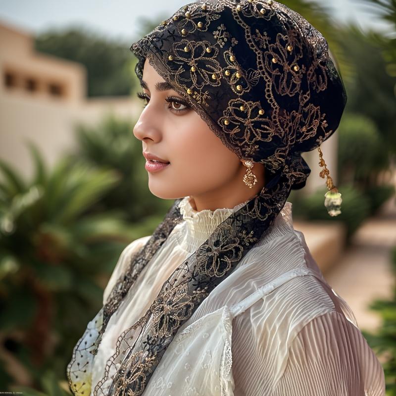 Muslim Women s Headscarf Hat, Handmade Beaded Headscarf Hat, Double-layer Elastic Streamer Hat, Shawl Hat Integrated чёрный