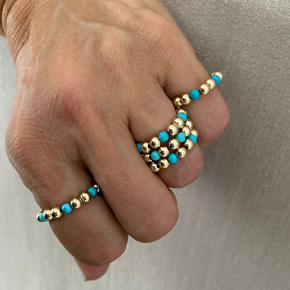 

Vlen Beaded Stackable Ring Turquoise Gold Plated Bead Minimalist Daily Wear Fashion Natural stone Finger Ring for Women resizable