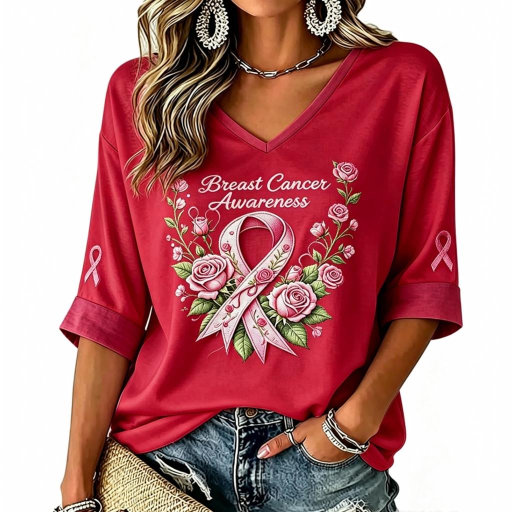 Women's V-neck anti-breast-cancer printed summer lightweight top