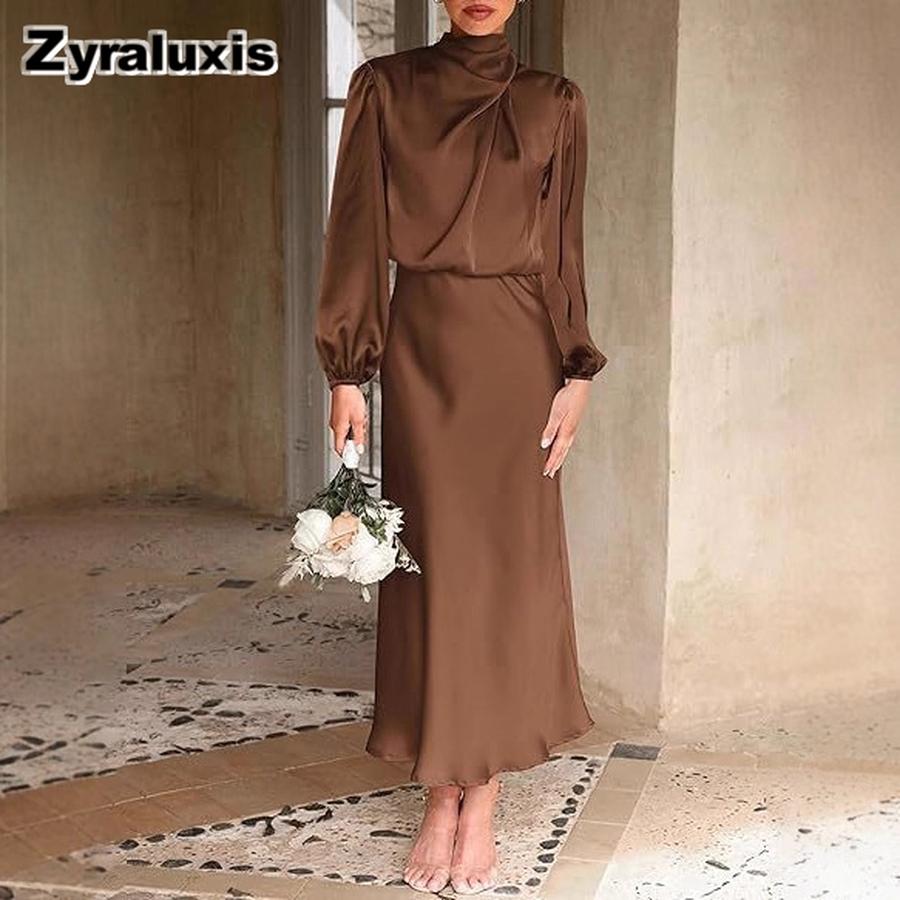Luksusowa Satynowa Sukienka z Długim Rękawem Luźna Elegancka Suknia Wieczorowa Formalny Płaszcz