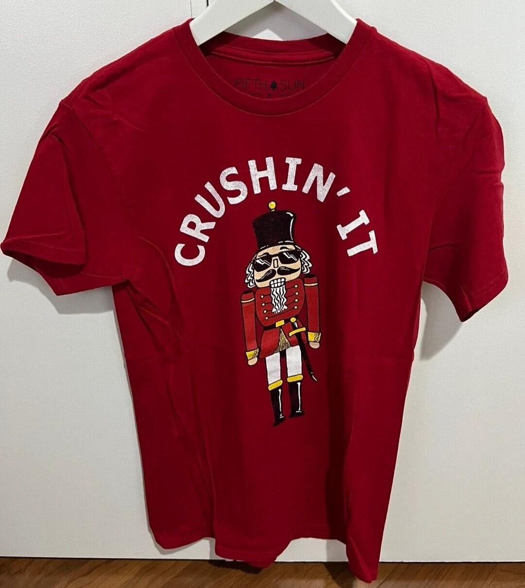 Crew Neck Dark Red Burgundy Christmas Crushin  It Theme Top T Shirt Unisex S NEW S