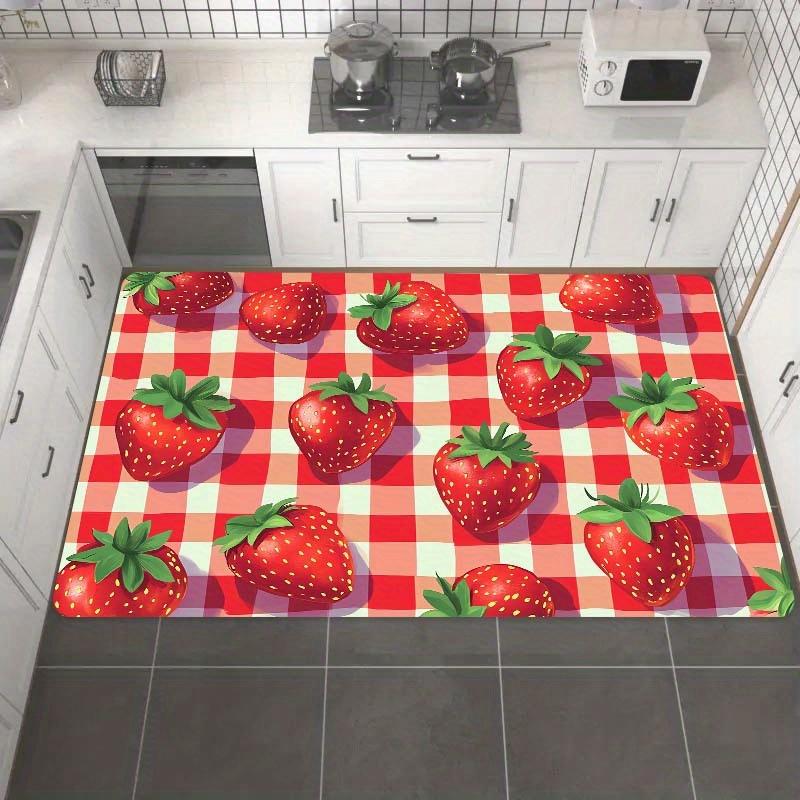 1pc Strawberry & Checkered Design 8mm Thick Polyester Floor Mat - Machine Washable, Rectangular Mat for Kitchen, Bathroom, Livin