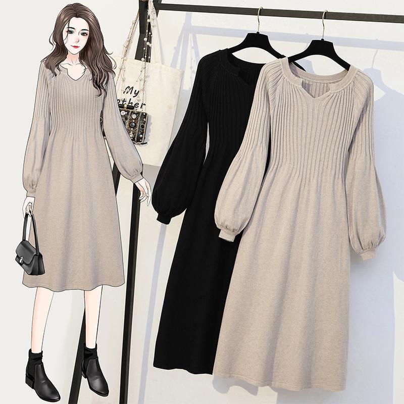 Women's Spring and Autumn Plus Size Solid Colour Mid Length Knitted Sweater Bottom Shirt Long Sleeve Dresses