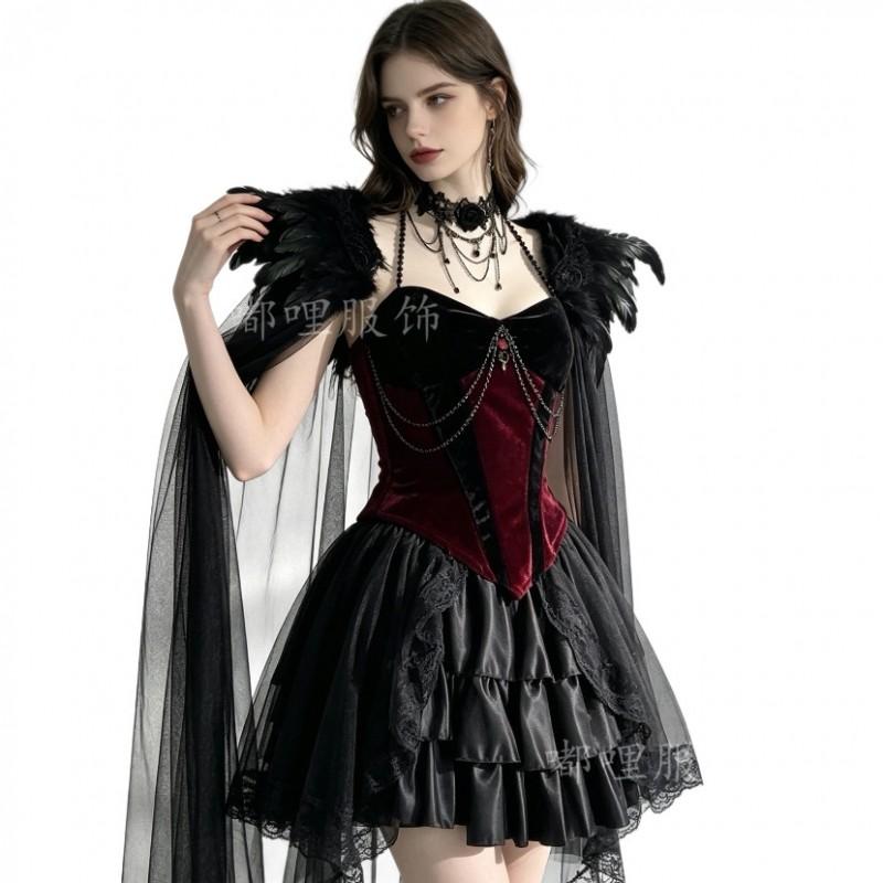 Gothic Vampire Cosplay Costume Women Halloween Black Feather Cape Dress
