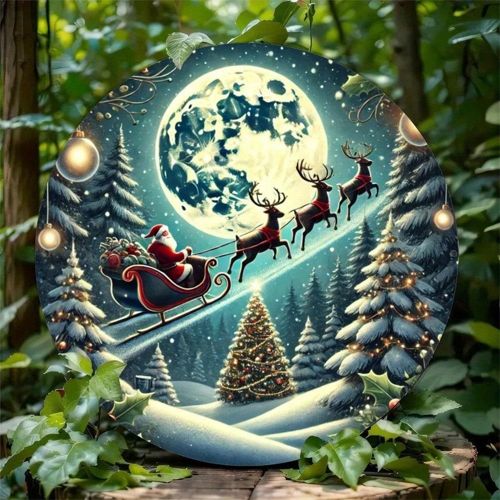 Vintage Santa Sleigh Iron Wall Art Round Metal Decor Panel TYA37619-20x20CM разноцветный