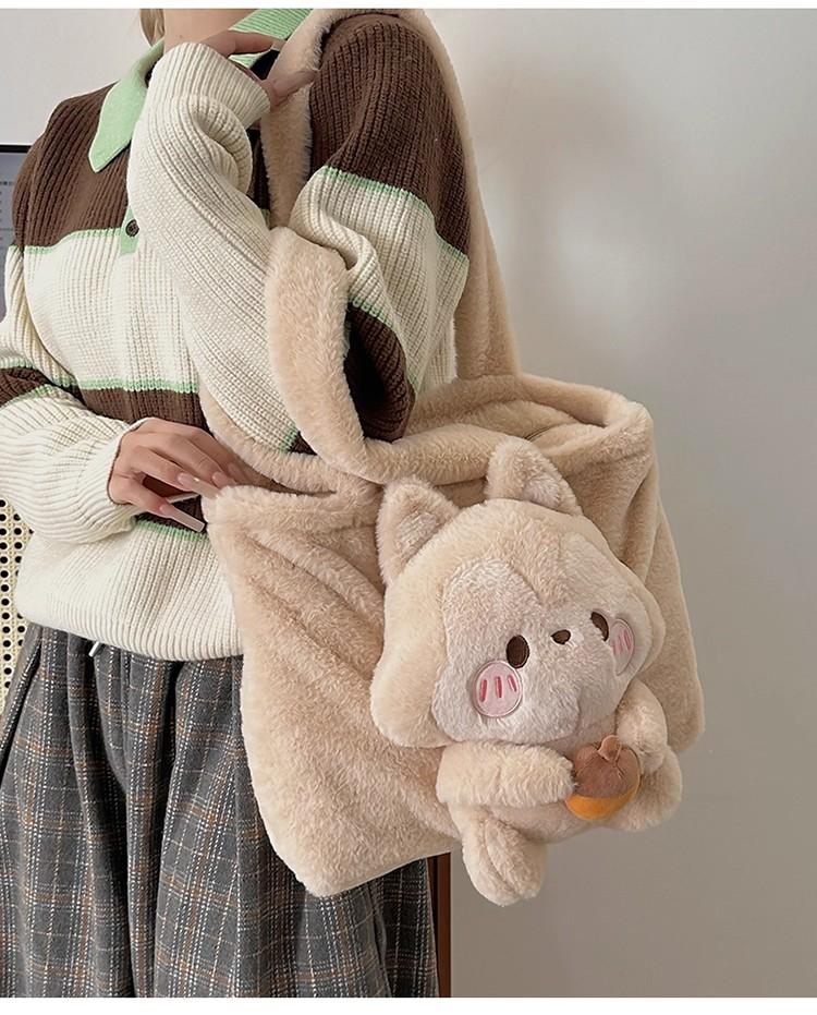 

JIAERDI Adorable 3D Squirrel Handbag Women Cartoon Lolita Plush Shoulder Bag Ladies Large Capacity Lightweight Tote Bags Winter 35x25cm хаки