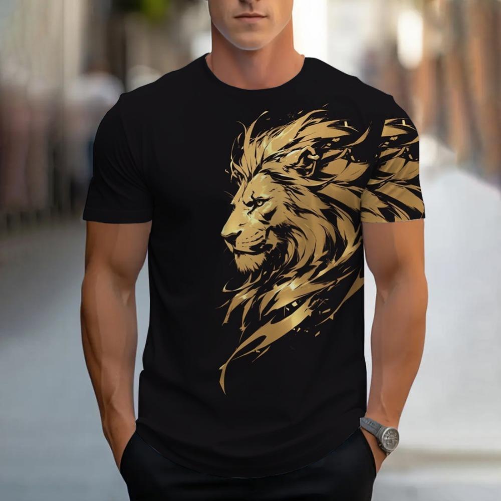 Men's Summer Fashion Lion T-shirt Men's Casual Breathable Short Sleeve Round Neck Printed Street Personalized Top