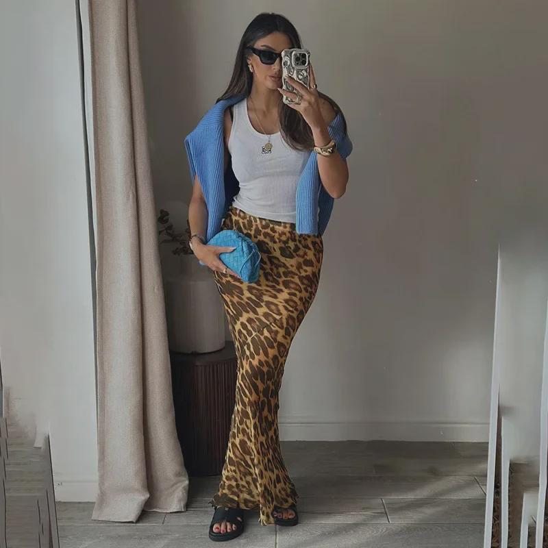Leopard Print Mesh Low-Waist Fishtail Skirt for Women