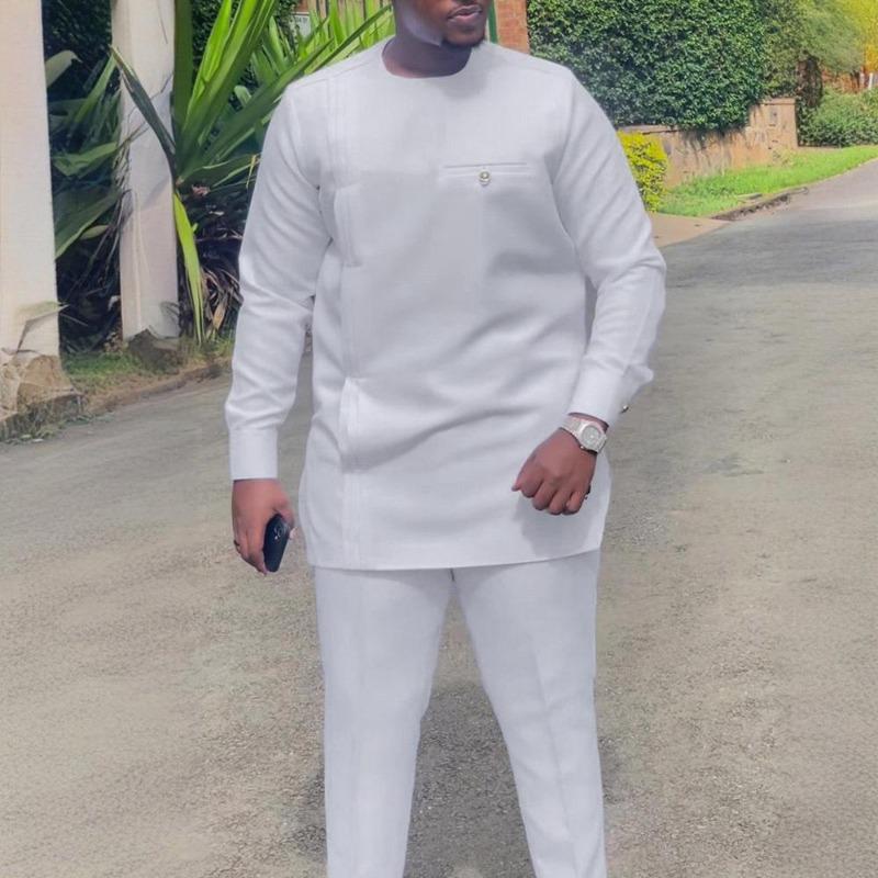 Men's Casual Two-Piece Set: Solid Color, African Ethnic Style