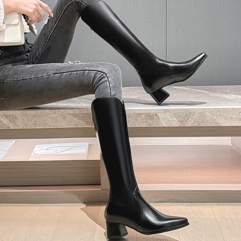 Women's High-heeled Boots Autumn and Winter Temperament Versatile Thick Heel Solid Color Large Size Medium Boots
