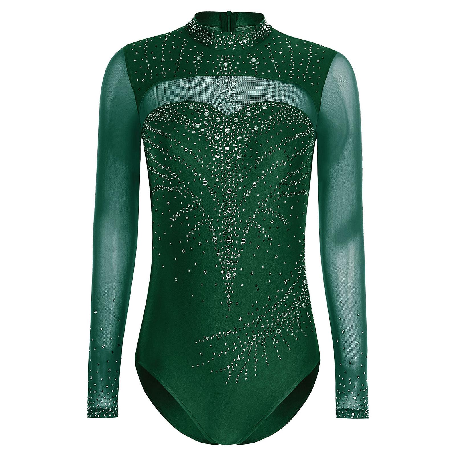 

Women Mock Turtleneck Long Sleeve See-through Sparkly Rhinestone Leotards Gymnastics Performance Outfits S
