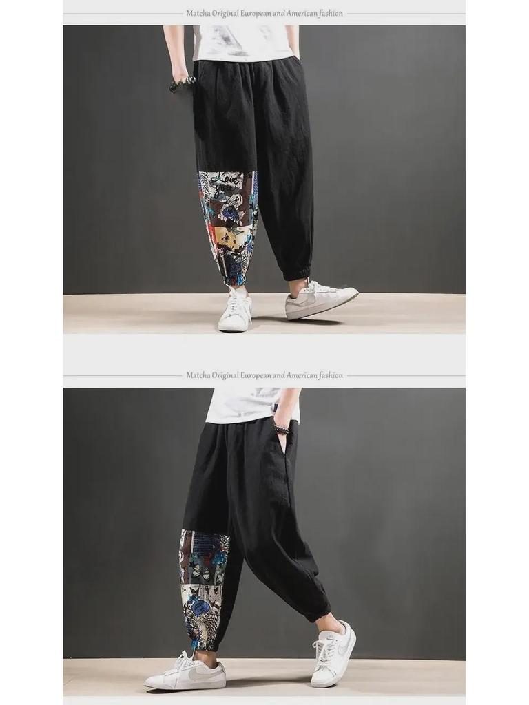 Pánské volné lněné kalhoty v čínském stylu - letní trendy, plus size, devítibodová délka
