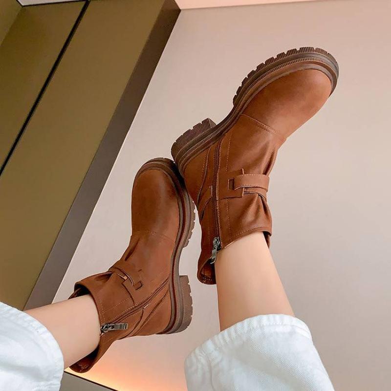 New women's leather boots leather large size women's boots cowhide rubber thick-soled non-slip low boots autumn and winter Martin boots women
