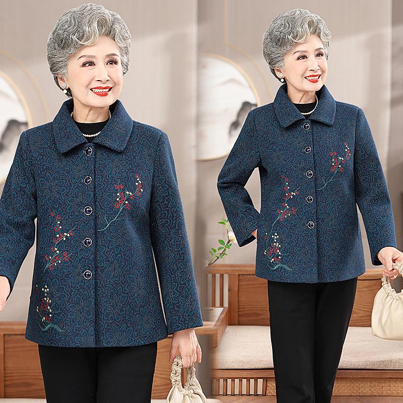 

Весеннее пальто из вышитой шерсти для пожилых женщин, 2025 2XL for 110-125 jin синий