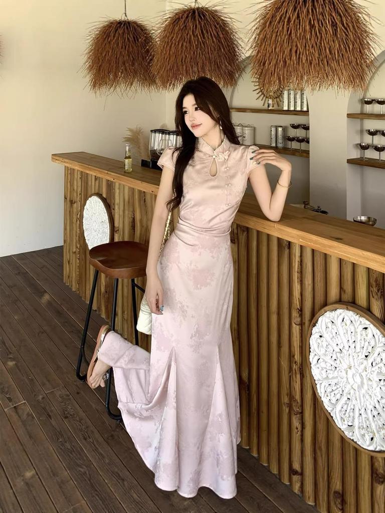 Plus Size Women's Summer Stand Collar Jacquard Slim Fit Qipao